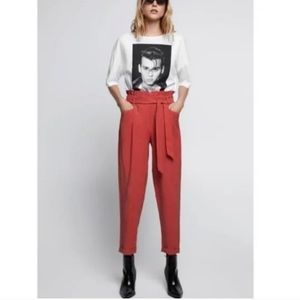 Zara Paperbag Waist Trouser Pants | Coral Rust | Medium